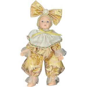 Vintage Gold and White Porcelain Harlequin Clown Doll